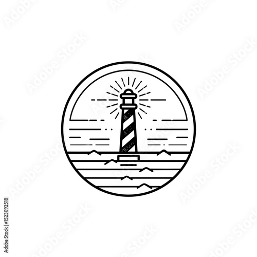 Coastal lighthouse shines beacon sea serene nautical scene outlined