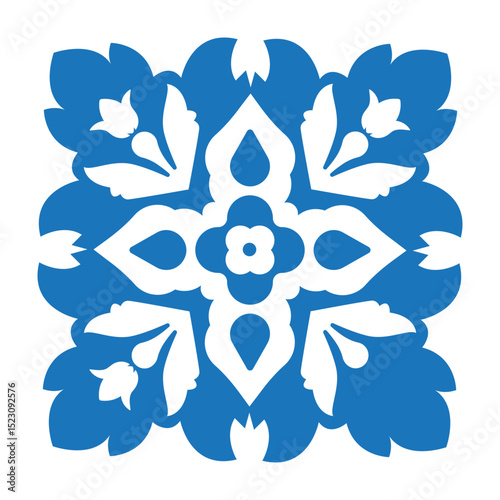 Oriental Folk Tile - Modern Wall Art - Ornate Blue Floral Tile