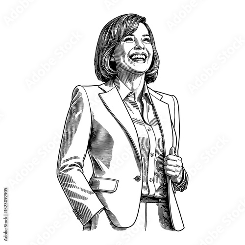 Independent Woman in Suit Laughing Expressively Black and White Outline Line Art Drawing