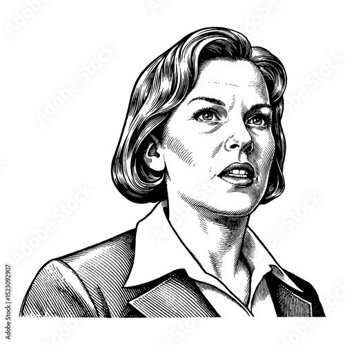 Independent Woman in Suit with Very Angry Wrathful Expression Looking Upwards Black and White Outline Line Art Drawing