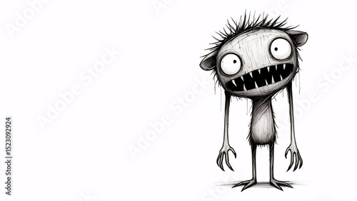 Black and white image of a funny creature with long arms and claws, causing both fear and a smile