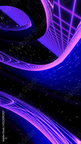 Seamless animation of retrofuturistic neon synthwave vertical video of a grid landscape and metal mirror tubes