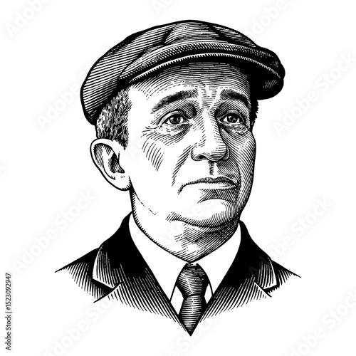 Man Featuring Expressive Crying Face Wearing Vintage Suit and Flat Cap Black and White Outline Line Art Drawing