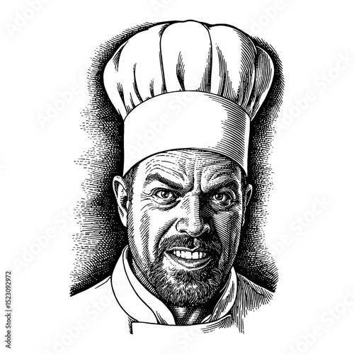 Intense Wrathful Angry Man Chef with Hat Black and White Outline Line Art Drawing Face Portrait