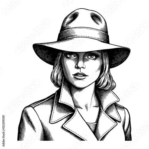 Intimidating Woman in Detective Suit and Hat with Stern Face Front View Black and White Outline Line Art Drawing