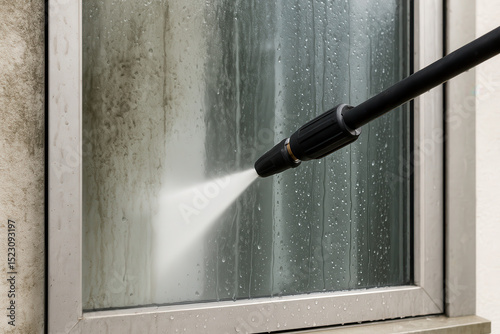 Close-up of a pressure washer cleaning a dirty window with water spray.