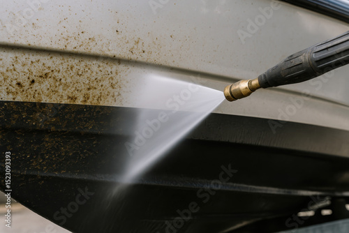Close-up of a pressure washer cleaning the bottom of a boat.