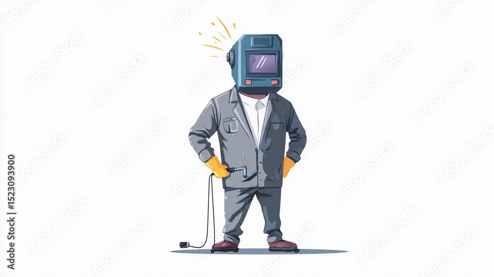 Obraz premium Single welder wearing helmet and protective suit, operating welding torch in a dark metal workshop environment.