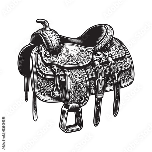 Western Saddle on Fence – Vintage Cowboy Culture Line Art
