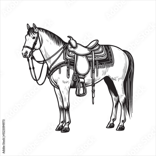 Western Saddle on Fence – Vintage Cowboy Culture Line Art