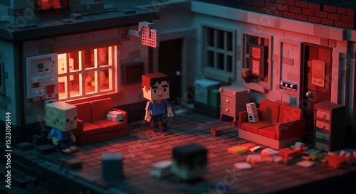 Voxel Art Scene: Two Figures in a Lit, Blocky Street Setting.