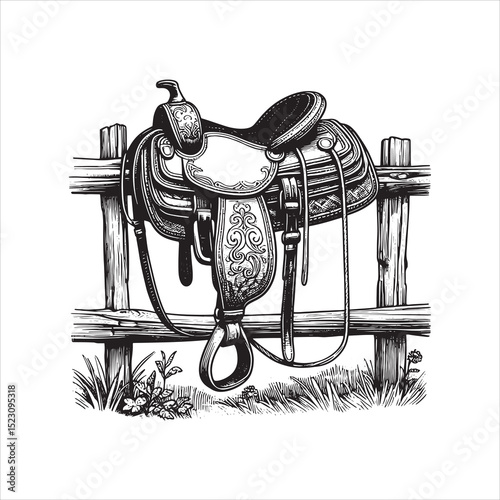 Western Saddle on Fence – Vintage Cowboy Culture Line Art