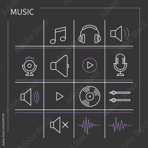 Music Icon Array: An organized array of music icons, each a symbol of sound, rhythm, and audio elements on a muted canvas. 