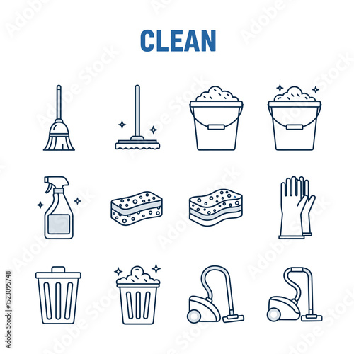 Clean icons, vector illustrations. A visually appealing set of line art symbols, representing a wide range of cleaning tools for household chores.