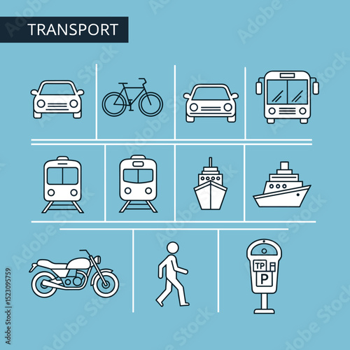 Transportation Icons: A collection of meticulously designed icons showcasing a variety of transport modes. This visual resource is perfect for illustrating various modes of transportation.