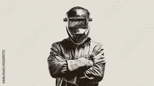 Welder framed with strong lighting, protective gear visible, sparks flying, showing intensity and industrial commitment.