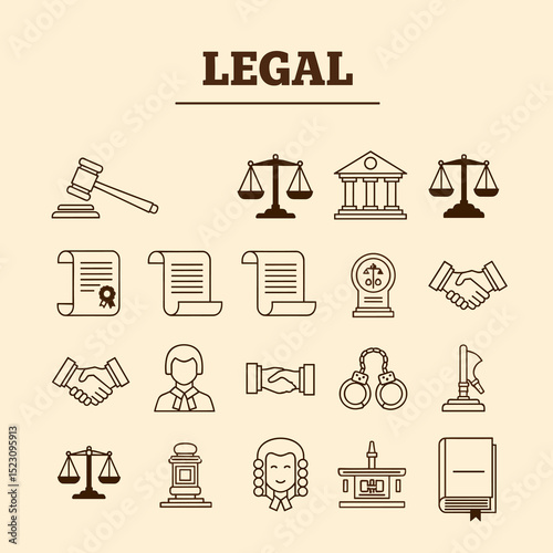 Legal Icons Collection: A detailed vector graphic depicting an assortment of law-related symbols on a neutral background, representing justice, legality, and order. 