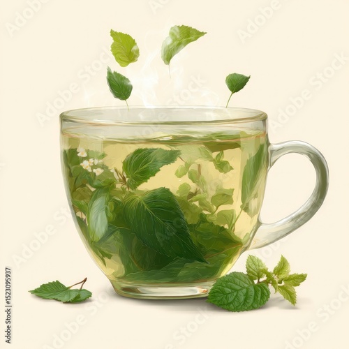 Illustration of steaming tea infused with natural green tea leaves