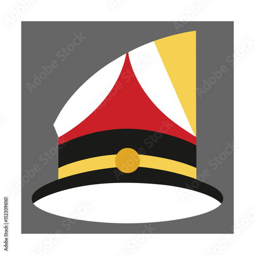 Colorful cartoon illustration of a marching band drum major hat against a grey background