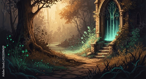 Enchanting Forest Scene with Glowing Portal and Mysterious Path