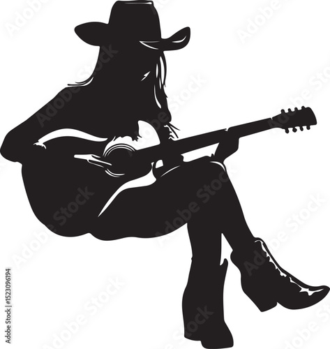 Cowgirl Playing Guitar Silhouette Vector Illustration on Transparent Background