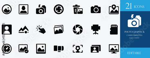 This photography and camera essentials icon set includes studio lights, lenses, tripods, flash, albums, portraits, editing tools, and more—perfect for photography projects