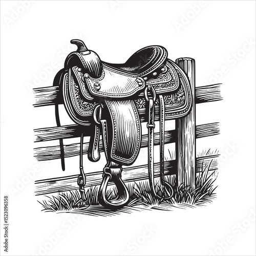 Western Saddle on Fence – Vintage Cowboy Culture Line Art