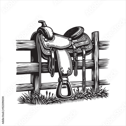 Western Saddle on Fence – Vintage Cowboy Culture Line Art