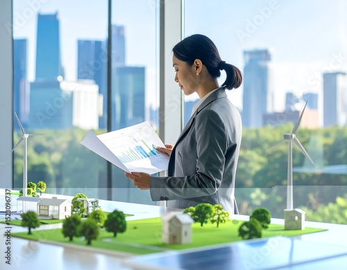 Businesswoman reviewing data by city view