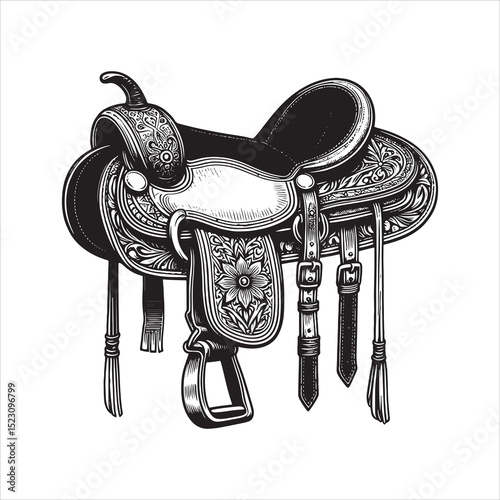 Western Saddle on Fence – Vintage Cowboy Culture Line Art