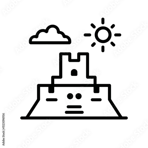 Sandcastle icon shows building outdoor under sunny cloudscape