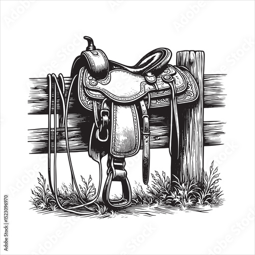 Western Saddle on Fence – Vintage Cowboy Culture Line Art