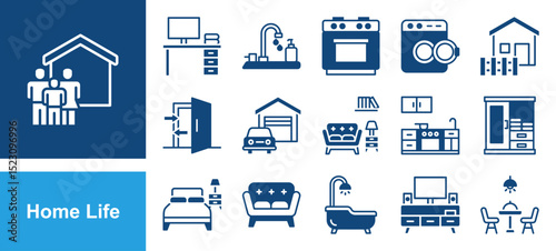 Home life icon set with bedroom, kitchen, living room, bathroom, dining table, chair, wardrobe, sofa, led tv and stove.