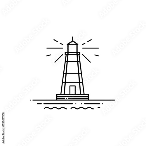 Minimalist lighthouse shines light coastal scene simple design lineart