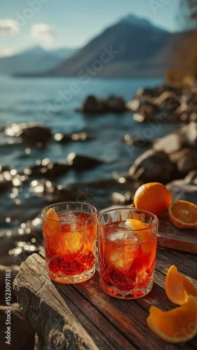 With a lake and mountains in the background, two glasses of aperol spritz cocktail.