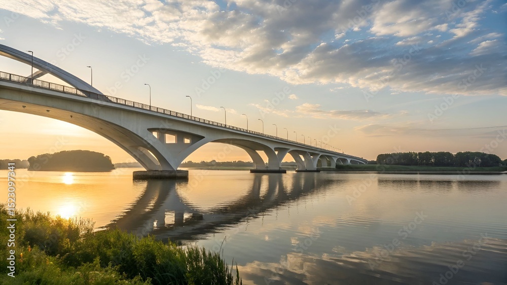 Fototapeta premium Modern concrete bridge spanning river at sunrise with calm water and cloudy sky