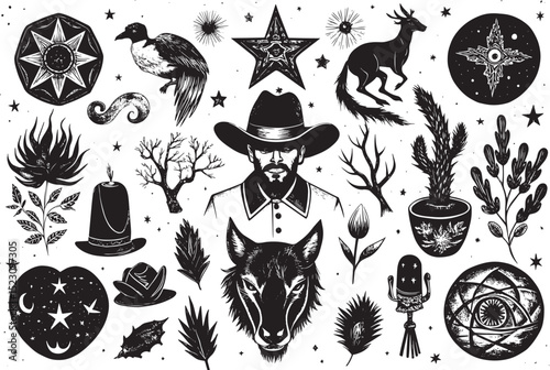 A collage featuring various black-and-white illustrations, including an eye, Native American headdress, cacti, a buffalo, a skull, boots, a snake, and celestial elements