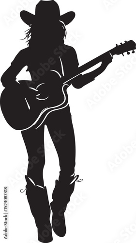 Cowgirl Playing Guitar Silhouette Vector Illustration on Transparent Background