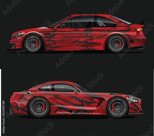 Two Red Sports Cars with Abstract Racing Wraps