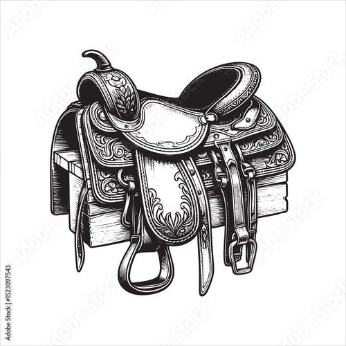 Western Saddle on Fence – Vintage Cowboy Culture Line Art