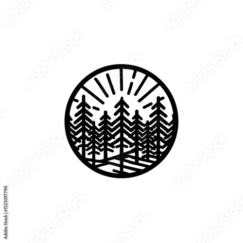 Silhouetted pines compose design within circle nature background