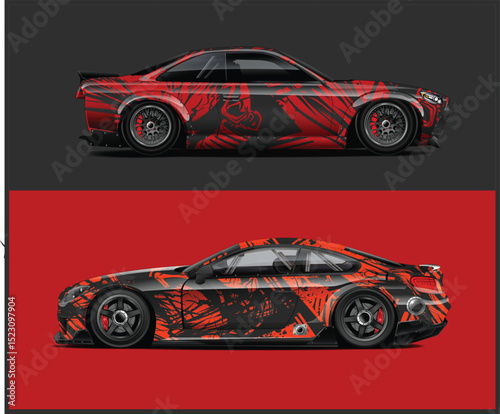Two Sport Cars with Abstract Red and Black Designs