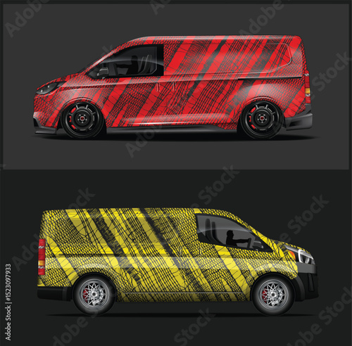 Red and Yellow Van Mockups with Abstract Crackle Design