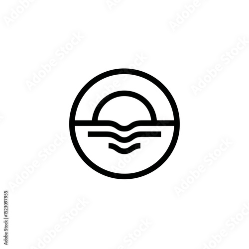 Minimalist sun sets above wavy water simple design graphic