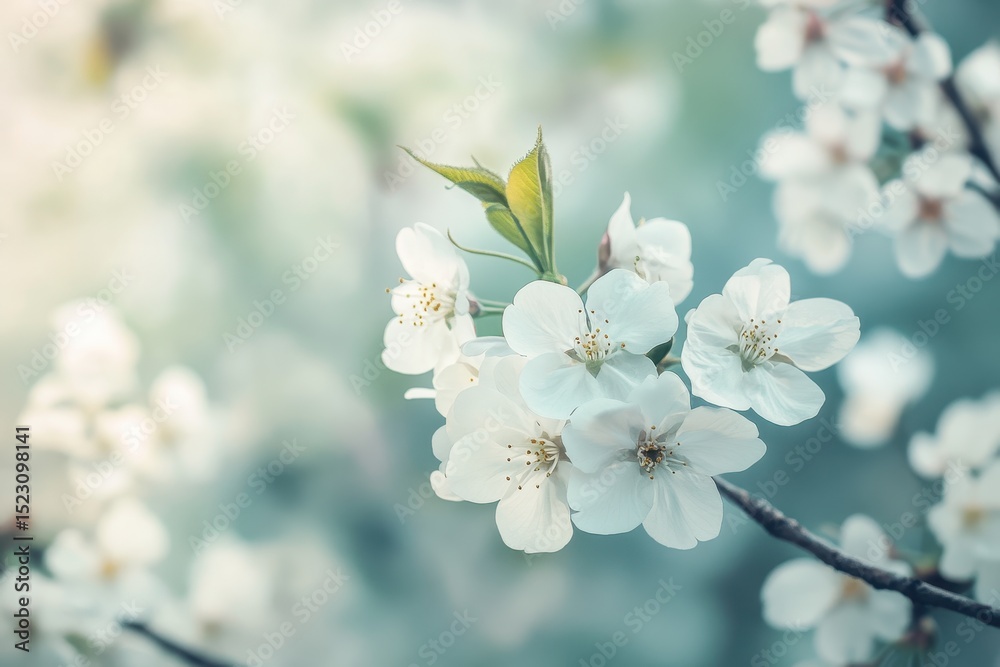 Obraz premium Blossoming white flowers create a serene atmosphere in spring at a garden during the early morning hours