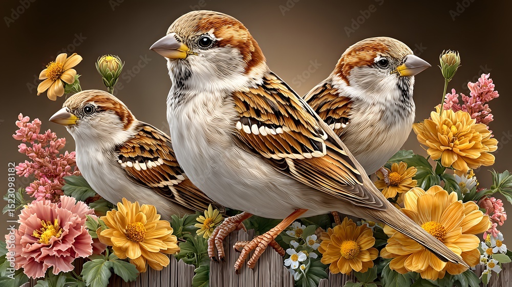 Naklejka premium Beautiful brown sparrows captured with detailed feathers high resolution photo