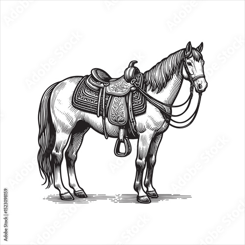 Western Saddle on Fence – Vintage Cowboy Culture Line Art