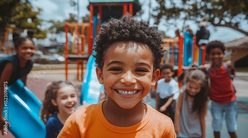 Wallpaper Mural A group of kids smiling happily while playing on a colorful playground Torontodigital.ca