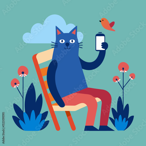 Silhouette vector illustration of a cat sitting on a chair and holding a coffee