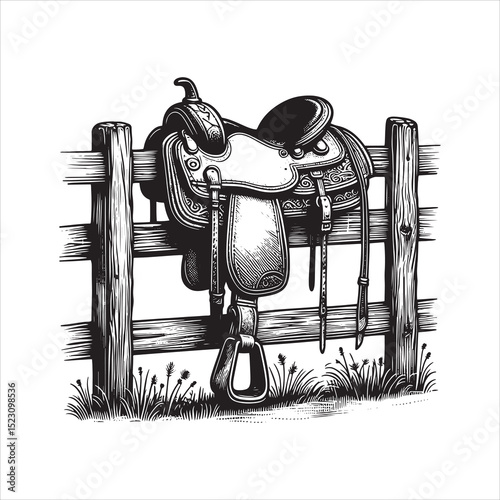 Western Saddle on Fence – Vintage Cowboy Culture Line Art